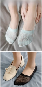 Close-up of women's low-cut lace boat socks with mesh floral pattern for summer