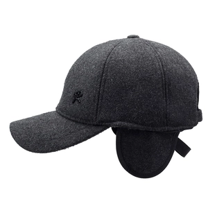 Winter dark grey wool baseball cap with earflaps and letter R logo for men