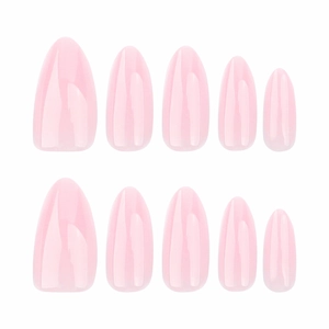 Glossy light pink almond press-on nails set displayed on a clean white background