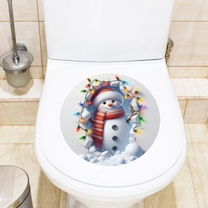 3D Christmas snowman toilet lid sticker with colorful lights for festive bathroom decor