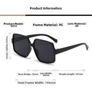 Detailed size specifications for irregular oversized square sunglasses with PC frame