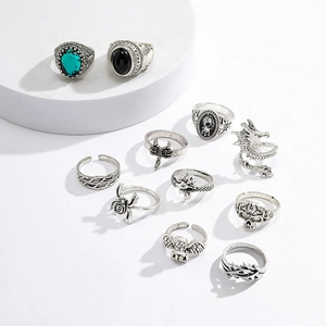 11-piece vintage punk ring set with turquoise, dragon and scorpion motifs in silver finish