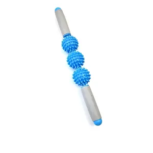 Blue and gray three-ball muscle massage roller stick for yoga and fascia relaxation