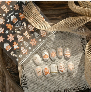 Detailansicht der 3D-Prägung Weihnachts-Nagelaufkleber mit Lebkuchen- und Schneeflockenmotiven