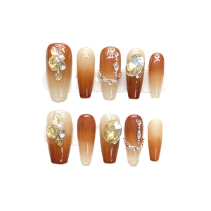Handmade warm orange gradient coffin press-on nails with rhinestones and pearls