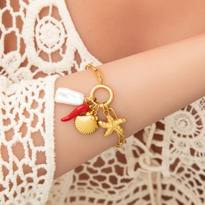 18K gold plated chain bracelet with baroque pearl, red chili, and ocean themed charms