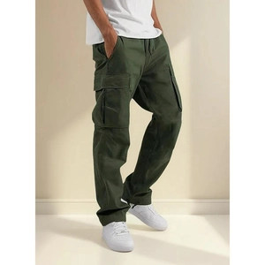 Men's army green cargo pants with drawstring waist and multiple pockets in a straight fit