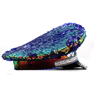 Luxurious sequin captain hat with iridescent sparkles and rhinestone military style detailing