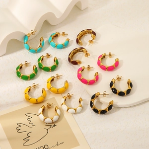 C-Shape Hoop Earrings Stainless Steel 18K Gold Plated Colorful Enamel Stripe Vintage Ins Style For Women