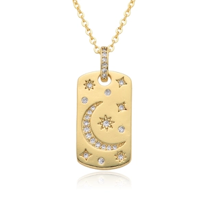 Minimalist gold plated rectangular pendant necklace with sparkling crescent moon and star