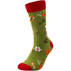 Detailed close-up of forest green knitted socks with floral and maple leaf patterns