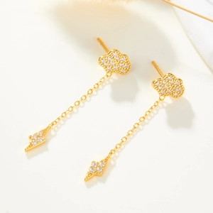 Elegant gold cloud and lightning dangle earrings with sparkling cubic zirconia inlay