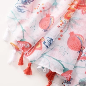 Floral pomegranate print cotton linen scarf with colorful fringe tassels for women