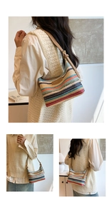Three-view shot of a colorful striped knit shoulder bag with an adjustable leather strap