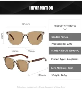 Detailed size guide for women's retro brown square sunglasses with wooden legs
