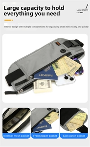 Detail of grey grid waist bag showing RFID protection and multi-compartment storage