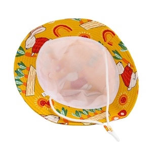 Kids yellow sun hat with cartoon rabbit prints and adjustable chin strap