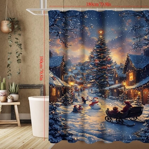 Détail d'un rideau de douche de Noël 180cm avec motif de ville enneigée et de bonhomme de neige