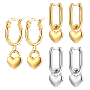 Stainless Steel Heart Charm Hoop Earrings Gold Plated Geometric Dangle Earrings For Women Fashion Jewelry