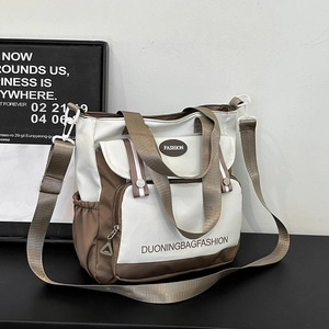 Large Capacity Women Canvas Shoulder Bag Contrast Color Tote Zipper Multi Pocket Casual School Commuting Handbag