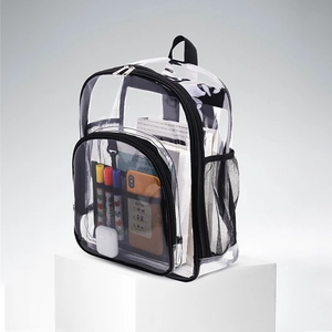 Detail view of transparent PVC backpack showing interior stationery pockets and side mesh bag