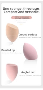 Macro shot of hydrophilic makeup sponge showing teardrop shape and oblique cut design