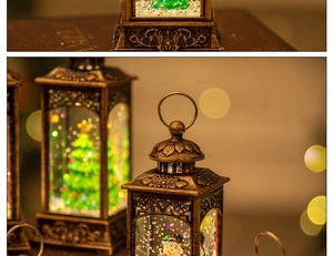 Close-up of vintage bronze Christmas lantern with snowman and warm bokeh lights