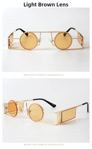 Detail of steampunk golden metal sunglasses with round tea lenses and side shields
