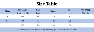 Tableau des tailles avec détails buste, taille et longueur pour la robe de soirée