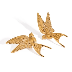 Minimalist gold stainless steel peace dove stud earrings with detailed feather texture