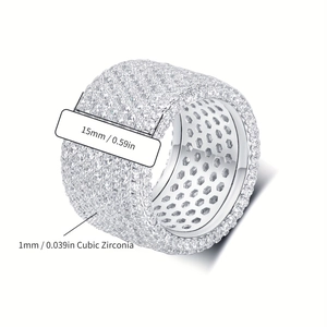 Detailed view of 15mm wide Cuban ring with cubic zirconia micro-pave and honeycomb interior