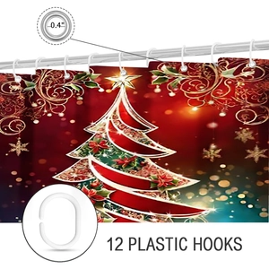 Detail of red Christmas shower curtain with durable metal grommets and 12 plastic hooks