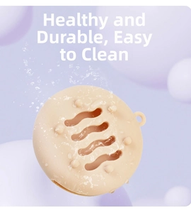 Detail of waterproof silicone makeup sponge case with ventilation holes and hanging loop