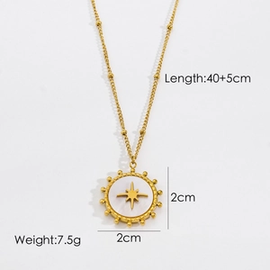 Detailed specs of gold stainless steel necklace with starburst shell pendant measuring 2cm
