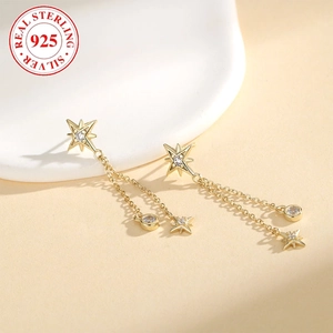 Elegant 925 sterling silver long tassel star earrings with sparkling cubic zirconia