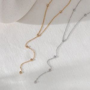 Minimalist stainless steel Y-shaped necklace with zircon tassels in gold and silver