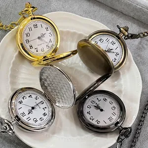 Vintage Zinc Alloy Quartz Pocket Watch With Chain Flip Cover Smooth Retro Round Analog Dial Jewelry Gift For Men Women