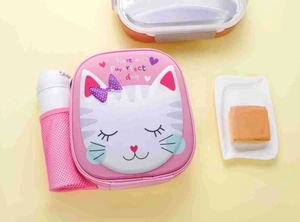Detailed view of pink cat lunch bag with mesh pocket and printed bow details