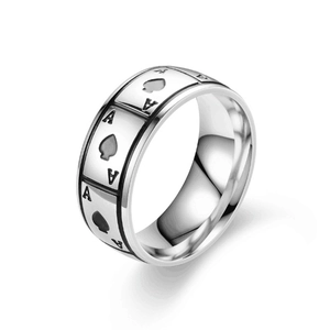 Close-up of Ace of Spades engraving on a polished silver titanium steel men's ring