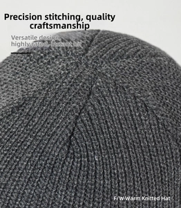 Detailed macro view of the dark grey ribbed knit beanie showing high-quality top stitching