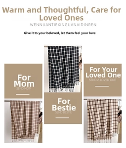 Detailed view of three checkered scarves with tassels in black, beige and coffee brown