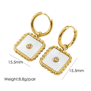 Detailed view of square white shell earrings with gold beaded edges and 15.5mm size specs