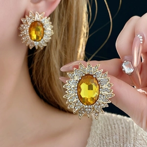 Vintage gold sunflower stud earrings with yellow crystal and white zircon inlay for women