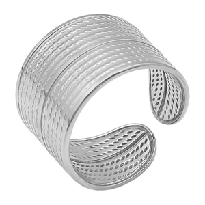 Macro shot of silver wide-band ring with tire-tread texture and adjustable open design