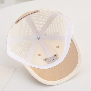 Detail of breathable mesh kids' baseball cap with cute bear embroidery and inner lining