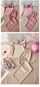 Détail de pyjama en satin avec haut à bretelles spaghetti et pantalon jambe large
