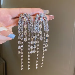 Silver drop chain tassel earrings with pear-cut cubic zirconia for a luxury look