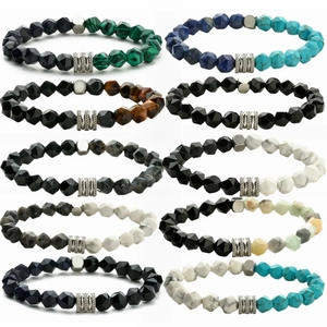 Bracelet en Perles de Pierre Naturelle Avec Charmes Géométriques en Acier Inoxydable Homme Femme Style Ethnique Bohème Bijoux