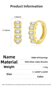 Detailed specs of S925 silver hoop earrings with rectangular cut cubic zirconia stones