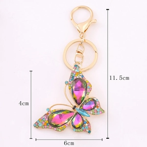 Colorful butterfly keychain with rhinestones and crystals on a gold alloy ring